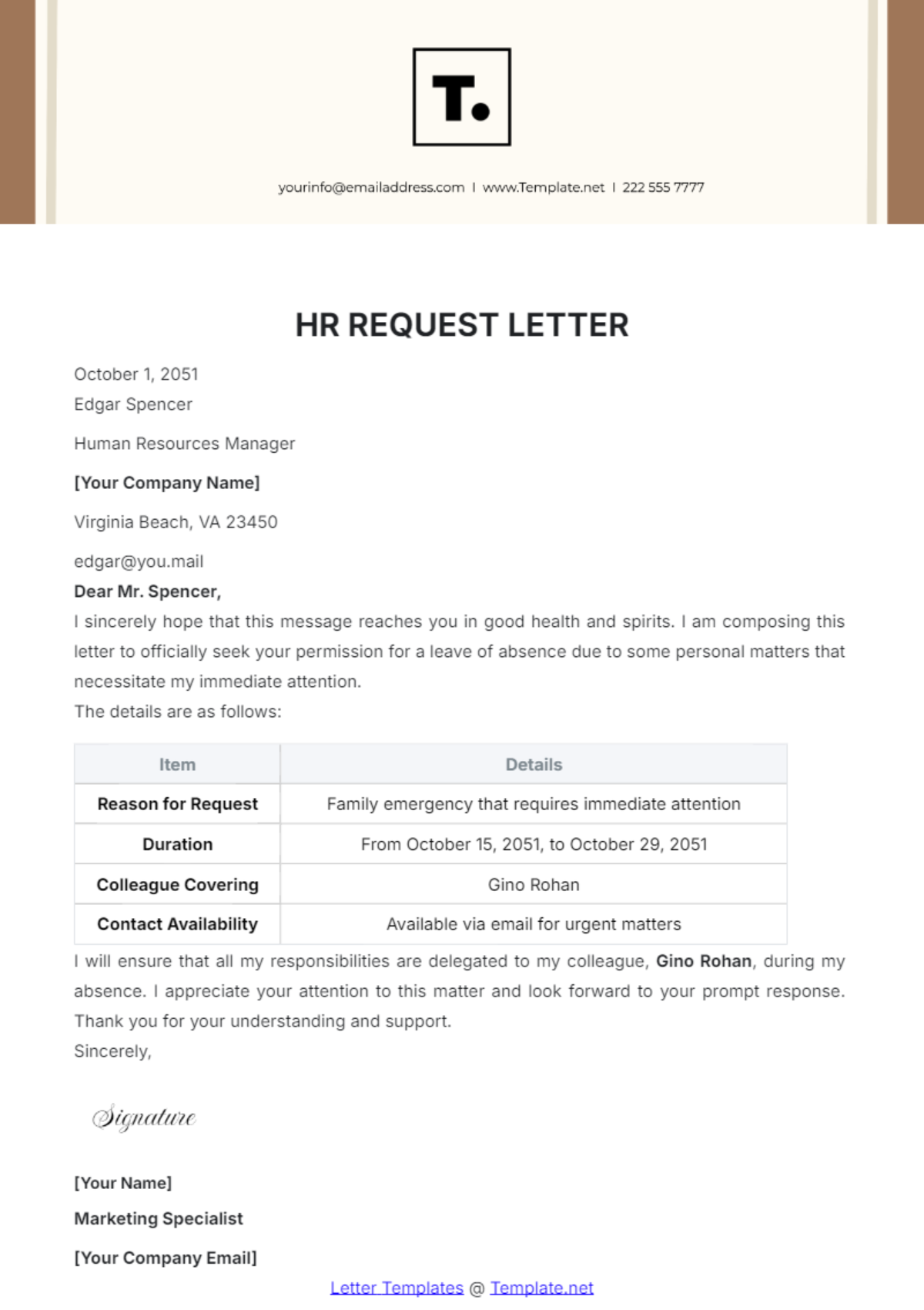 Free HR Request Letter Template To Edit Online