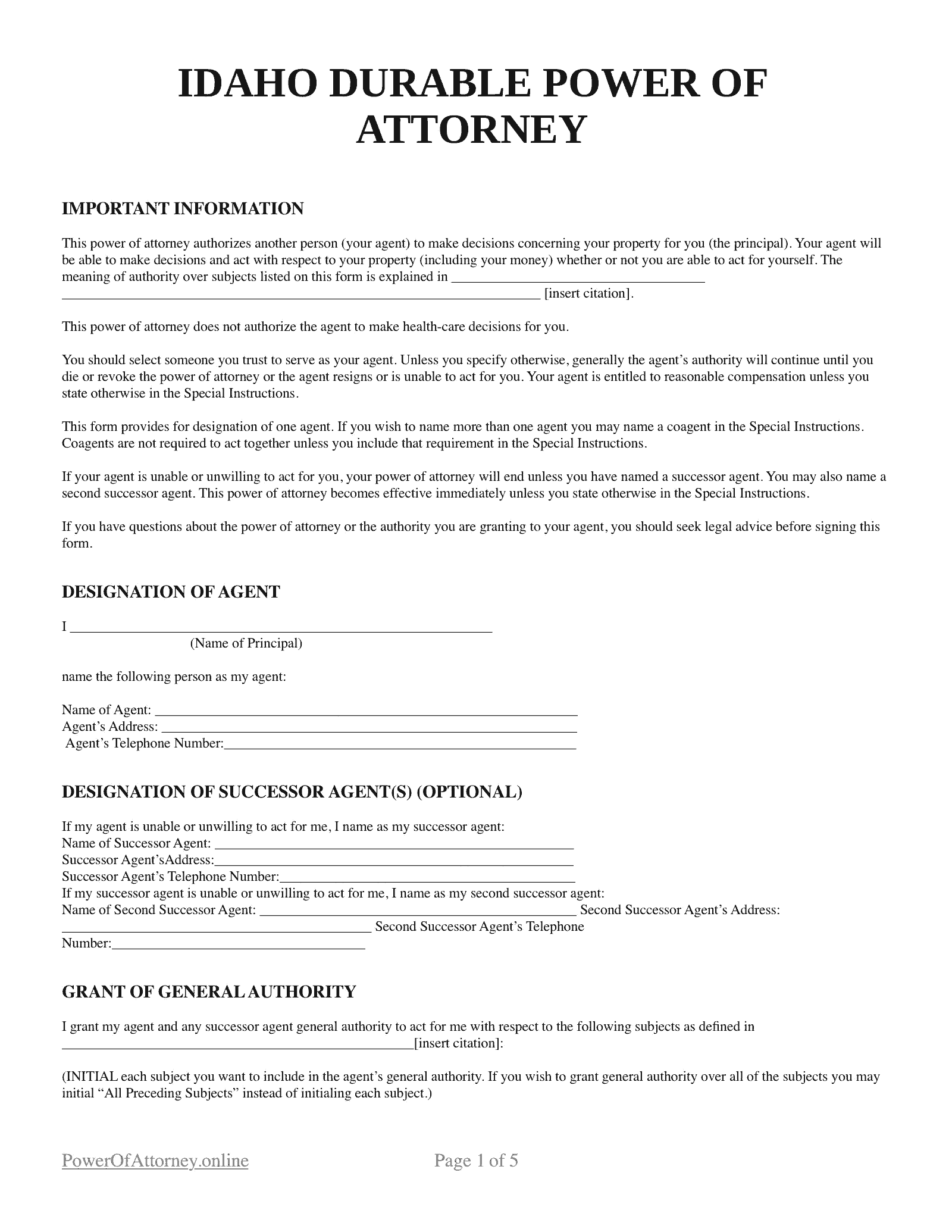 Free Idaho ID Power Of Attorney Forms Templates PDF