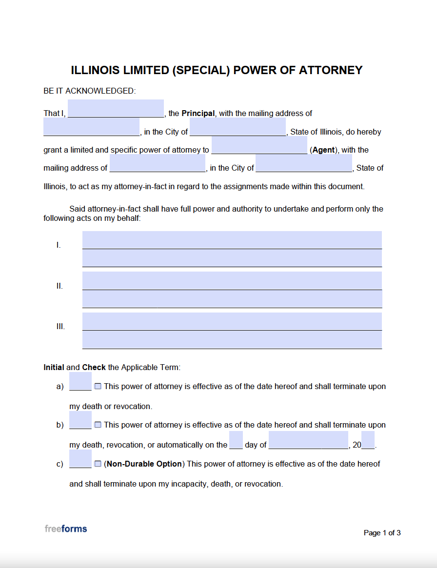 Free Illinois Limited Special Power Of Attorney Form PDF Word Free Illinois Limited Special Power Of Attorney Form PDF Word