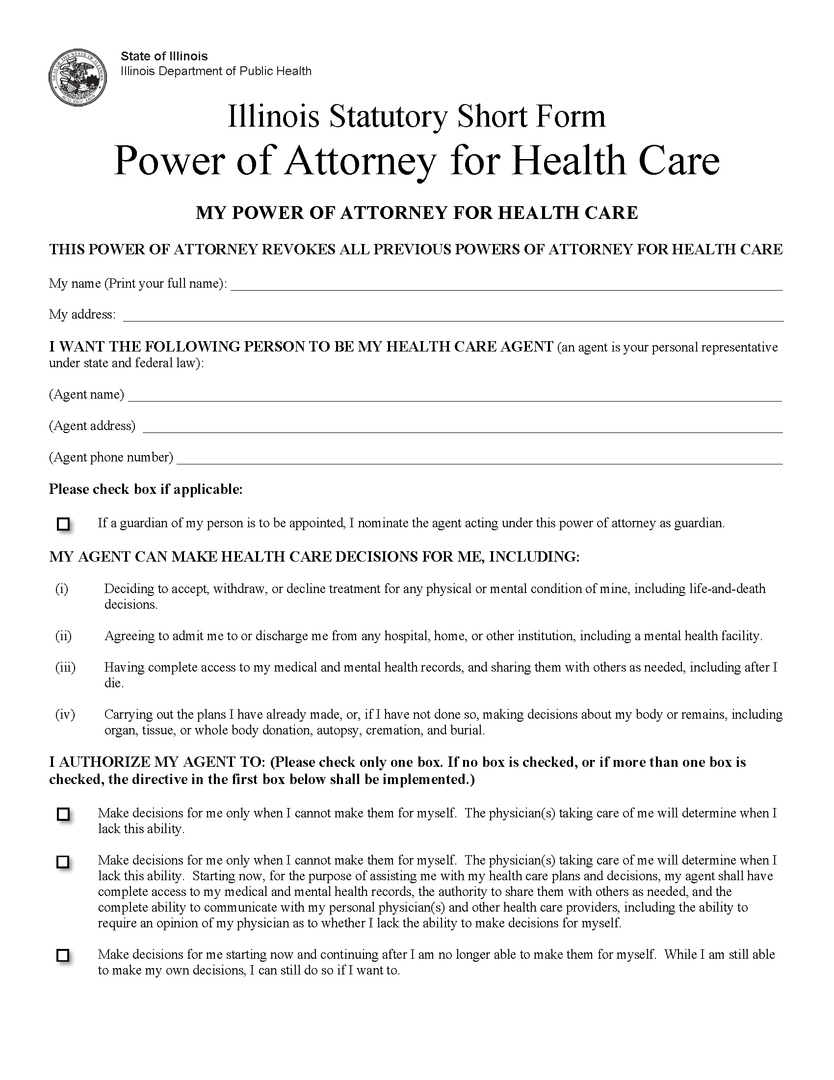 Free Illinois Medical Power Of Attorney Form PDF