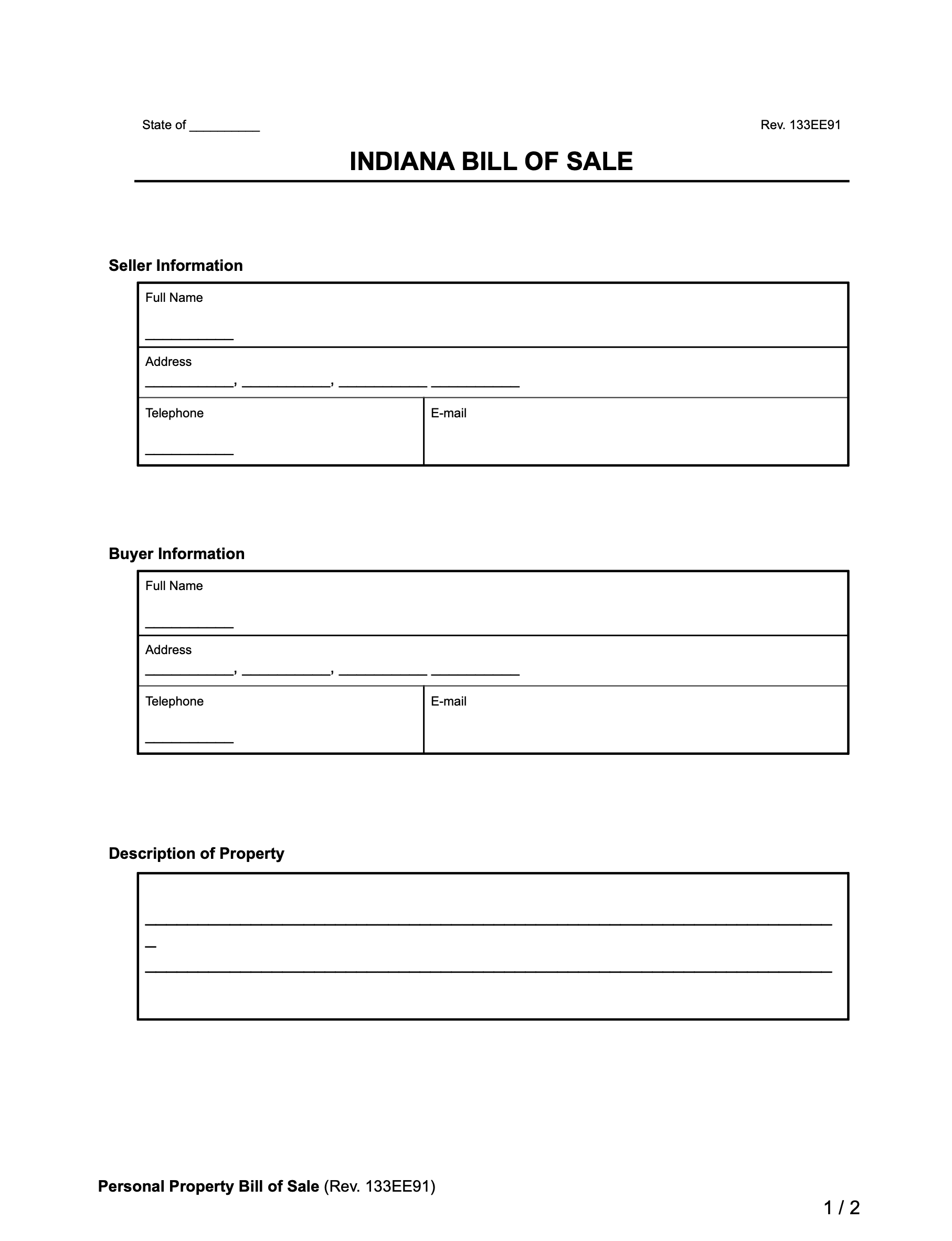 Free Indiana Bill Of Sale Forms Printable PDF Word