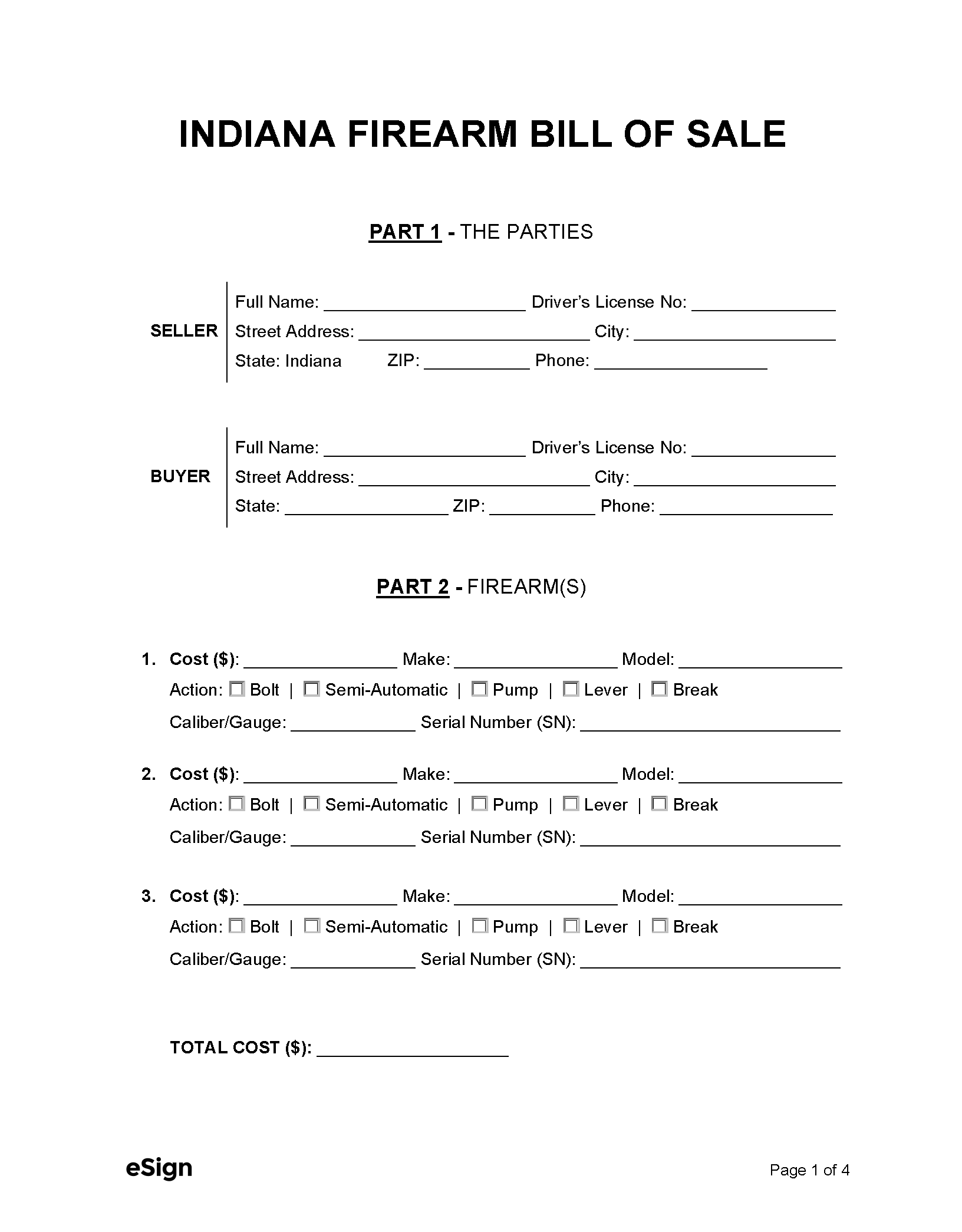 Free Indiana Firearm Bill Of Sale Form PDF Word