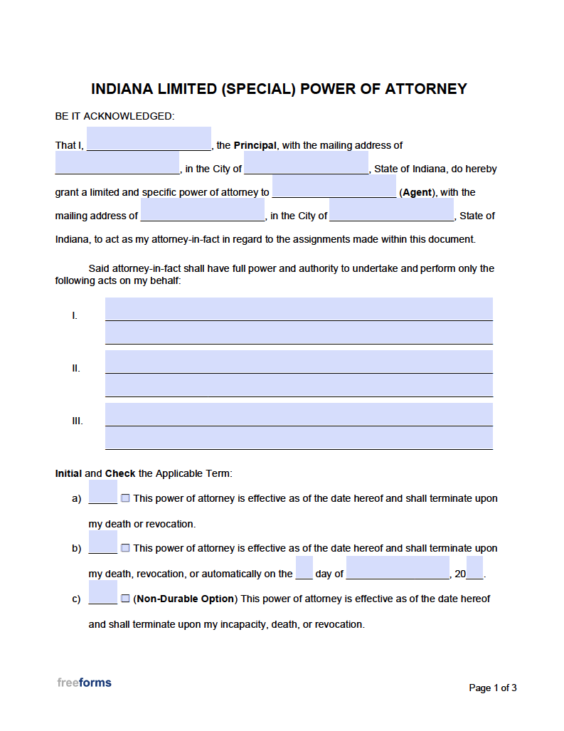 Free Indiana Limited Special Power Of Attorney Form PDF Word Free Indiana Limited Special Power Of Attorney Form PDF Word