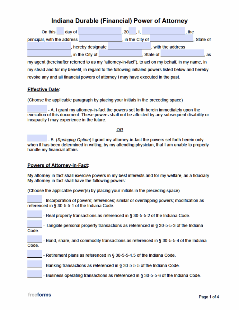 Free Indiana Power Of Attorney Forms PDF Word