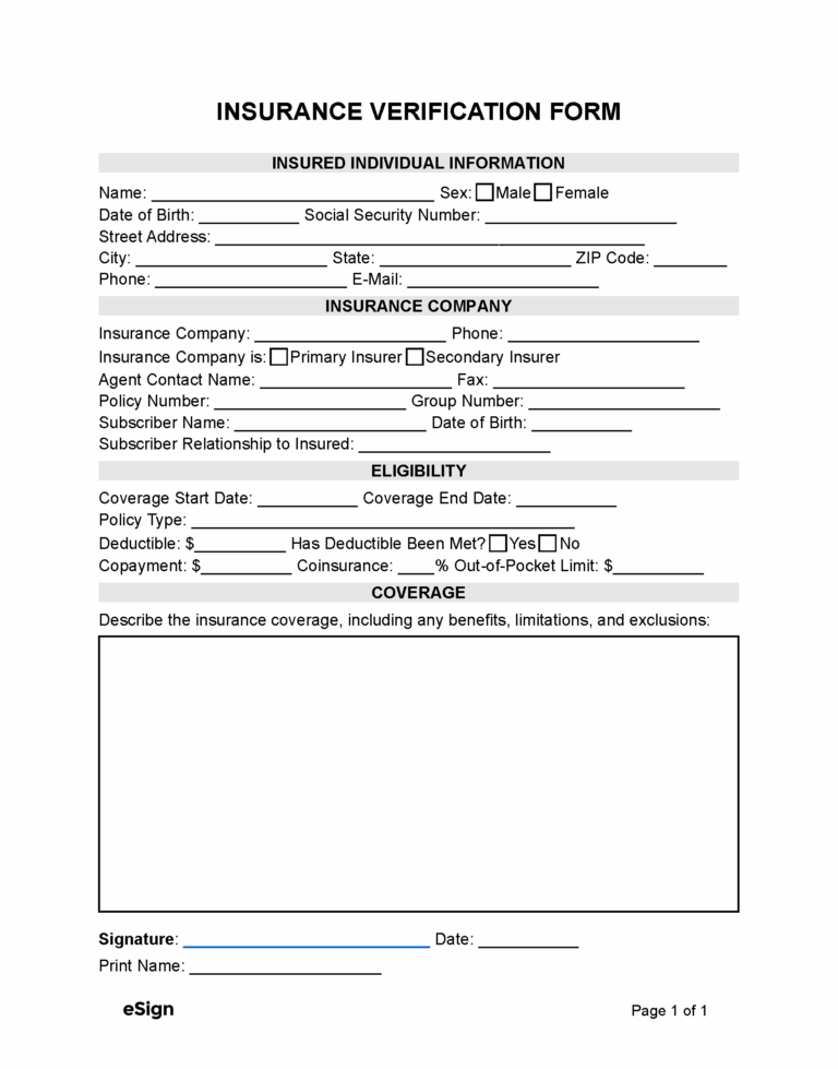 Free Insurance Verification Form PDF Word