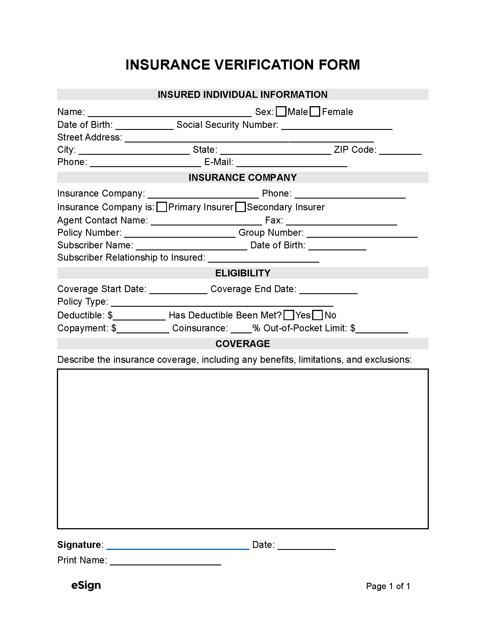 Free Insurance Verification Form PDF Word