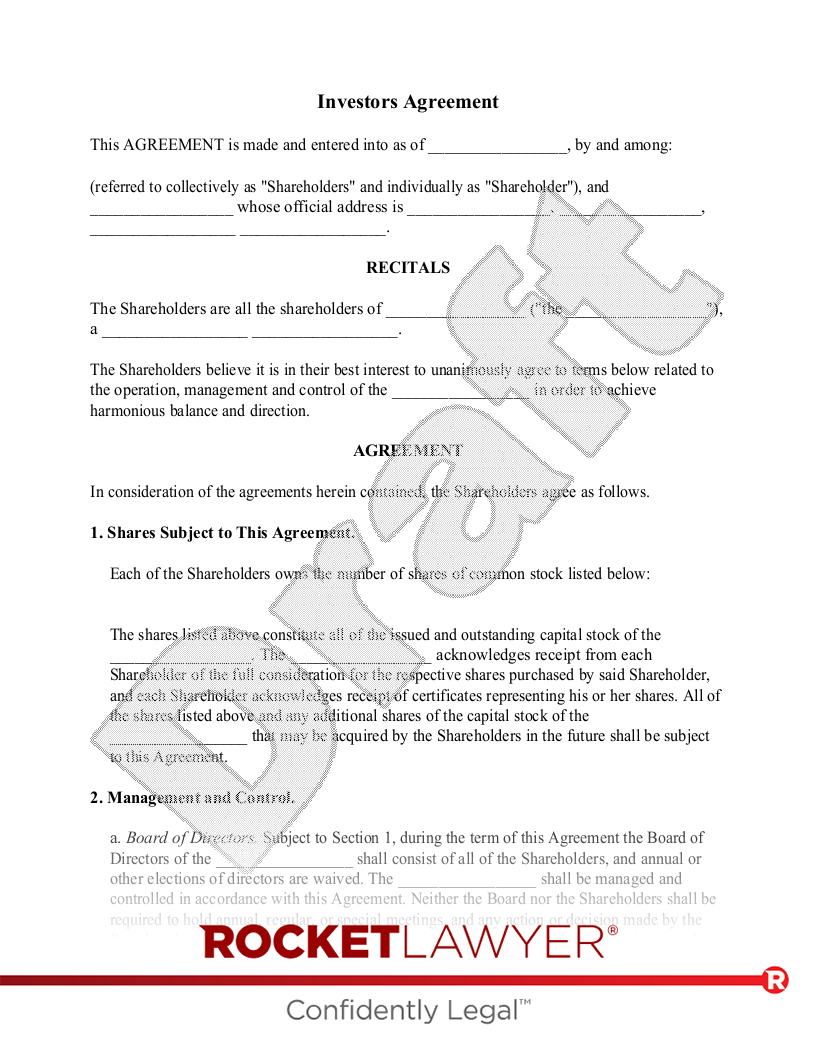 Free Investors Agreement Make Sign Download Rocket Lawyer