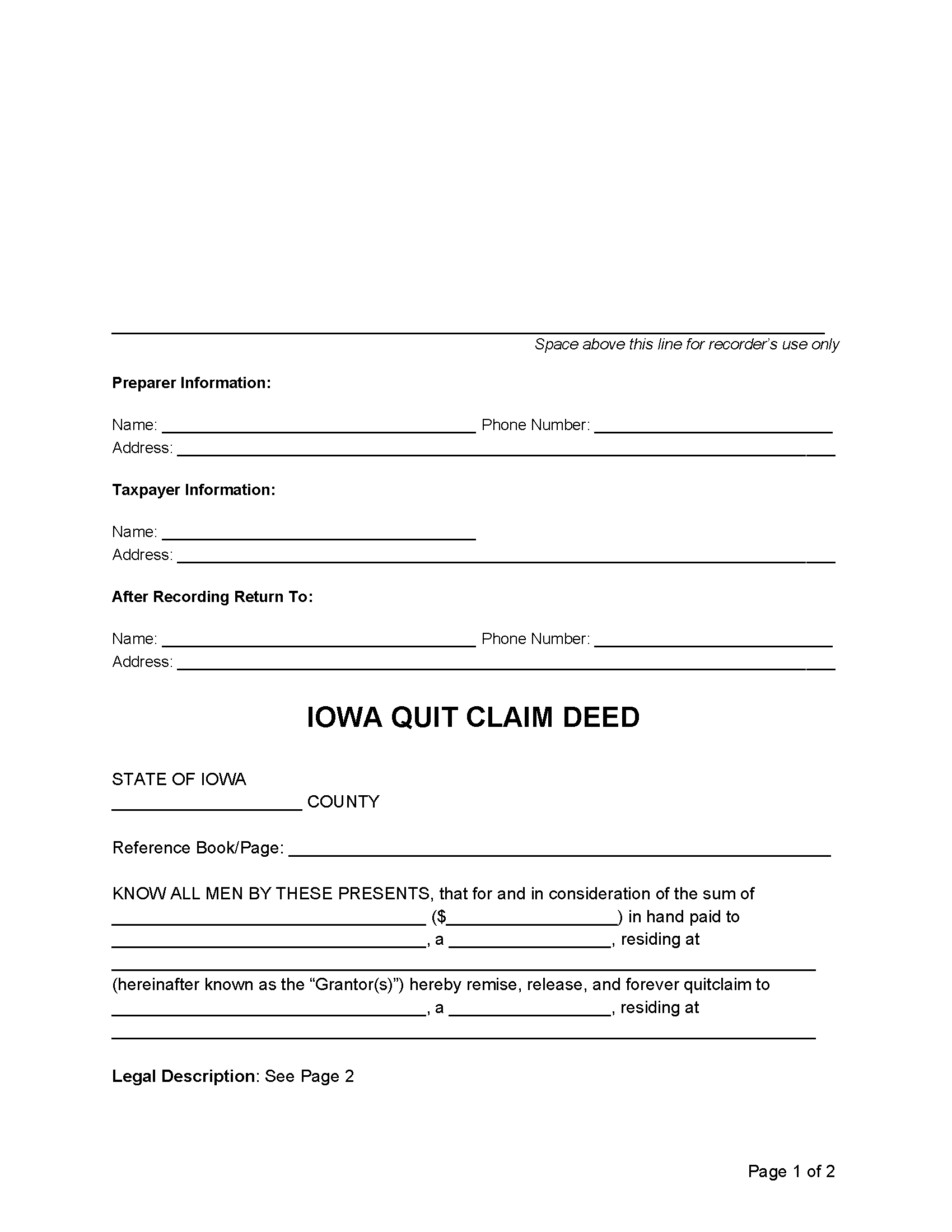 Free Iowa Quit Claim Deed Form PDF Word