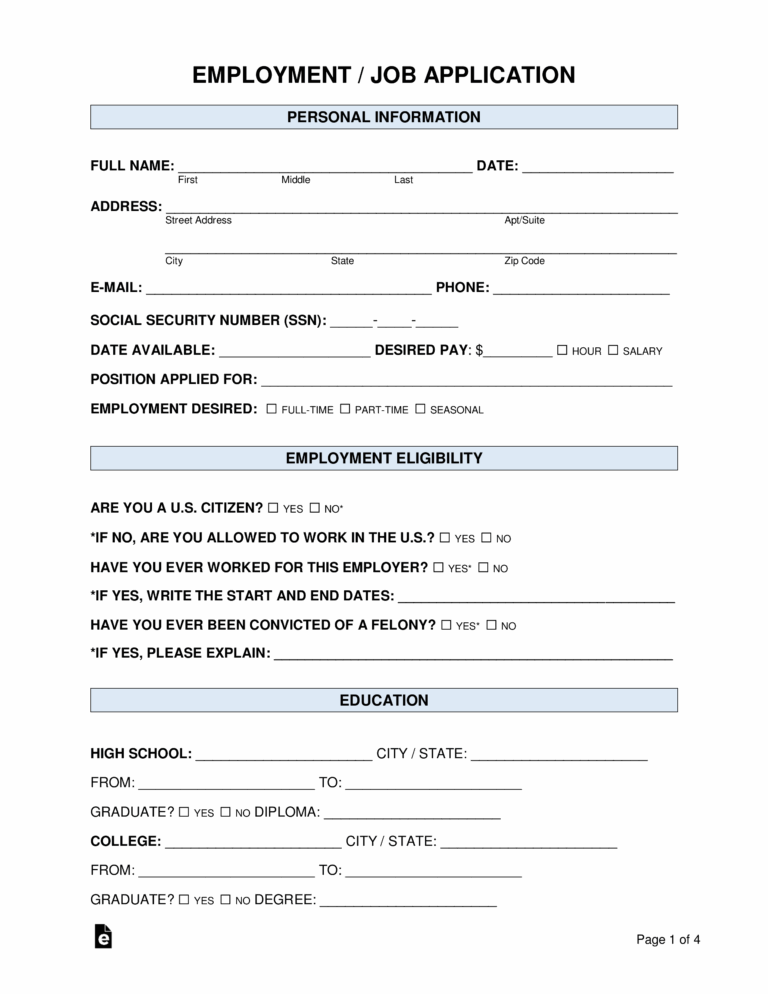 Free Job Application Form standard Template PDF Word EForms Worksheets Library