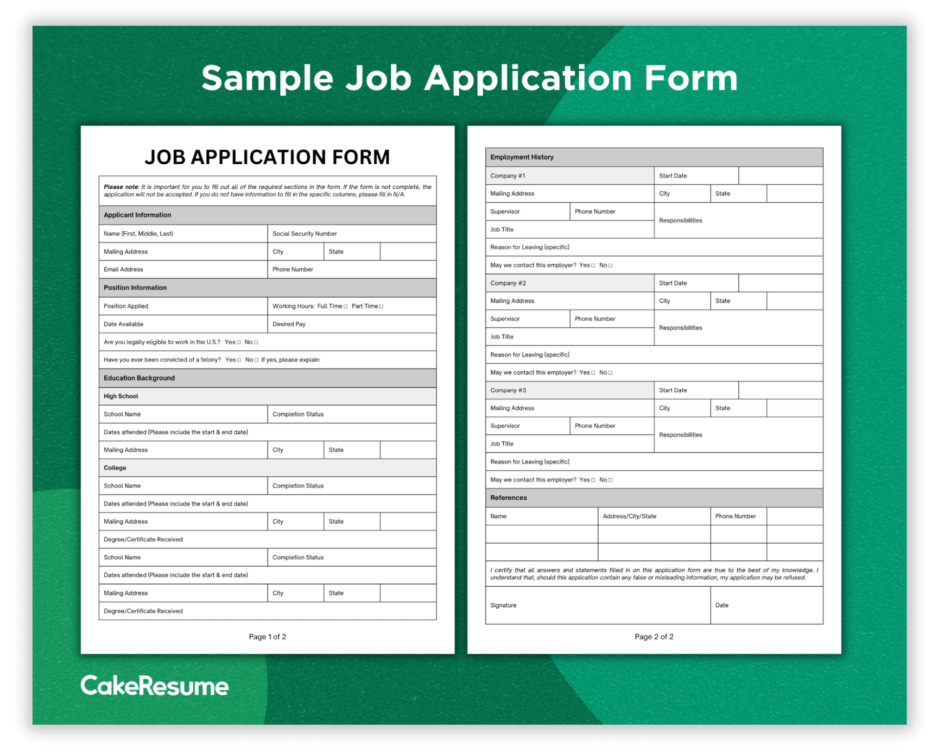 sample work application form
