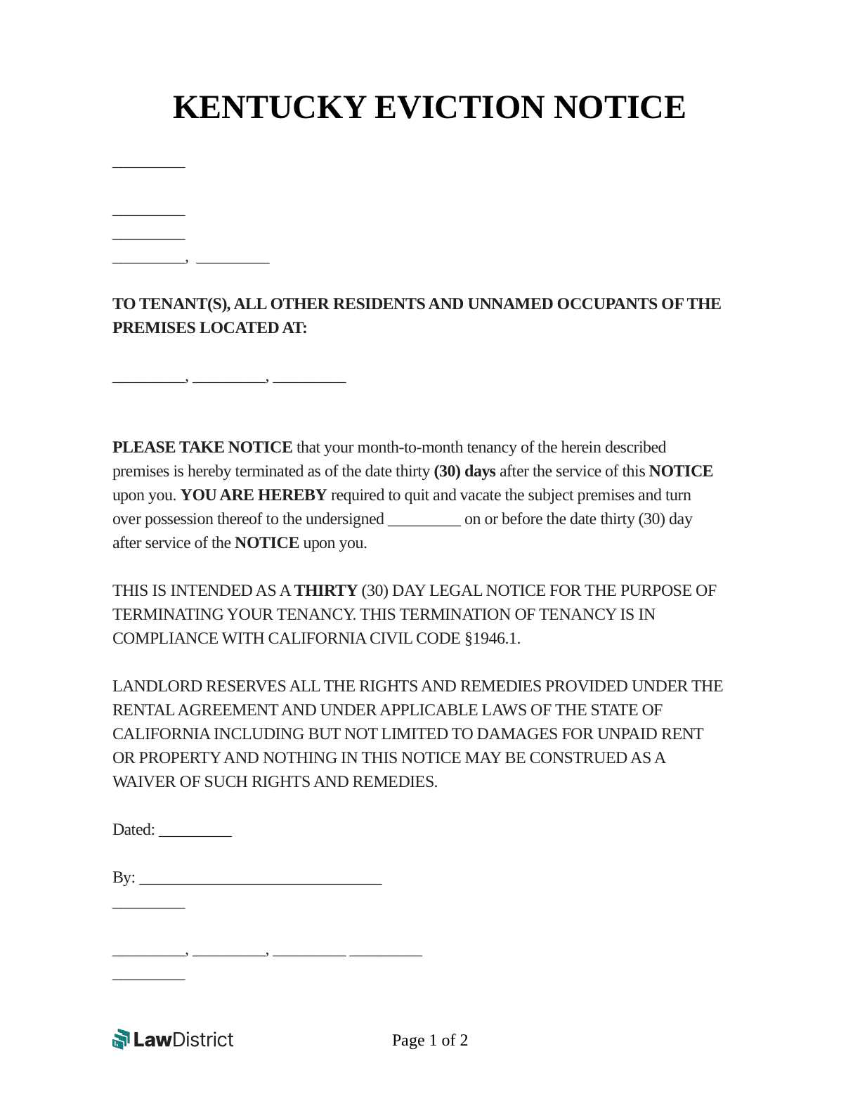 Free Kentucky Eviction Notice Forms And Templates LawDistrict