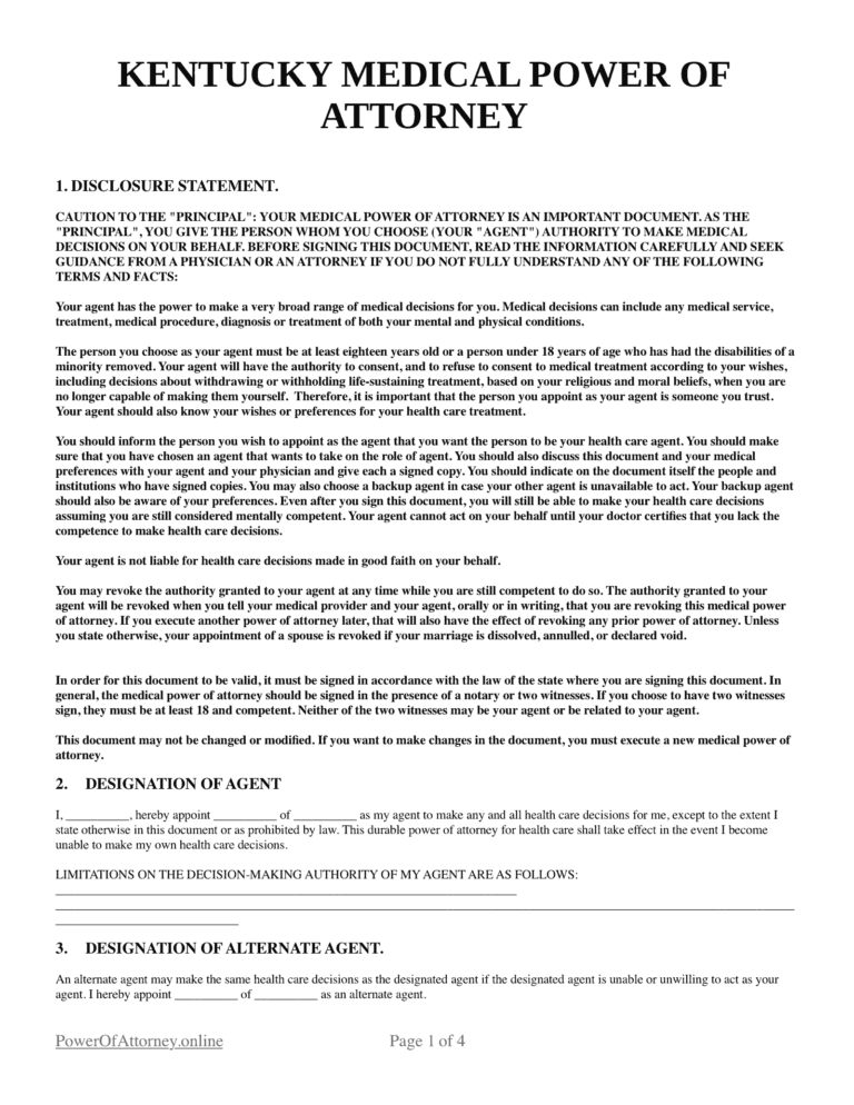 Free Kentucky KY Medical Power Of Attorney Forms Templates PDF
