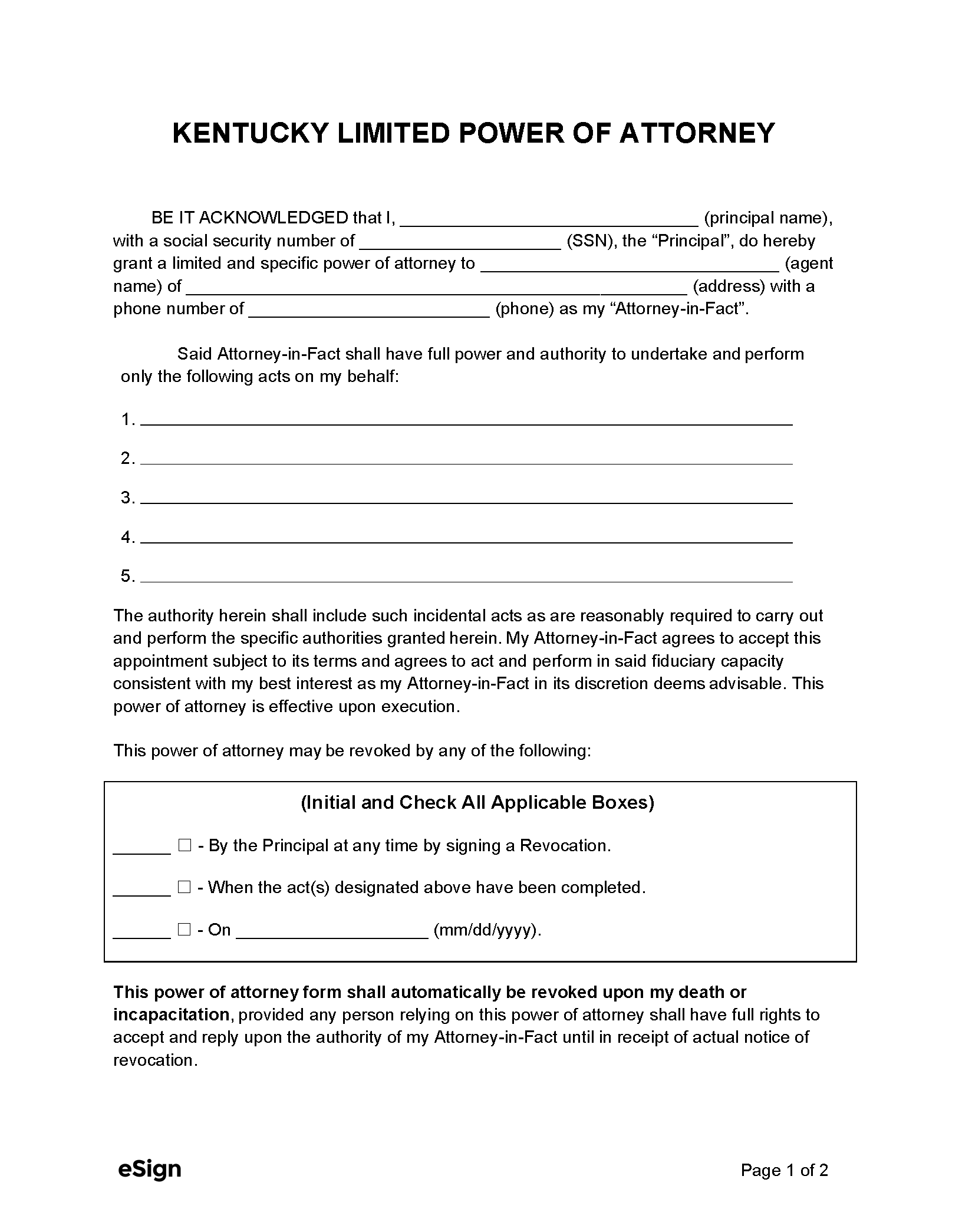 Free Kentucky Limited Power Of Attorney Form PDF Word Free Kentucky Limited Power Of Attorney Form PDF Word