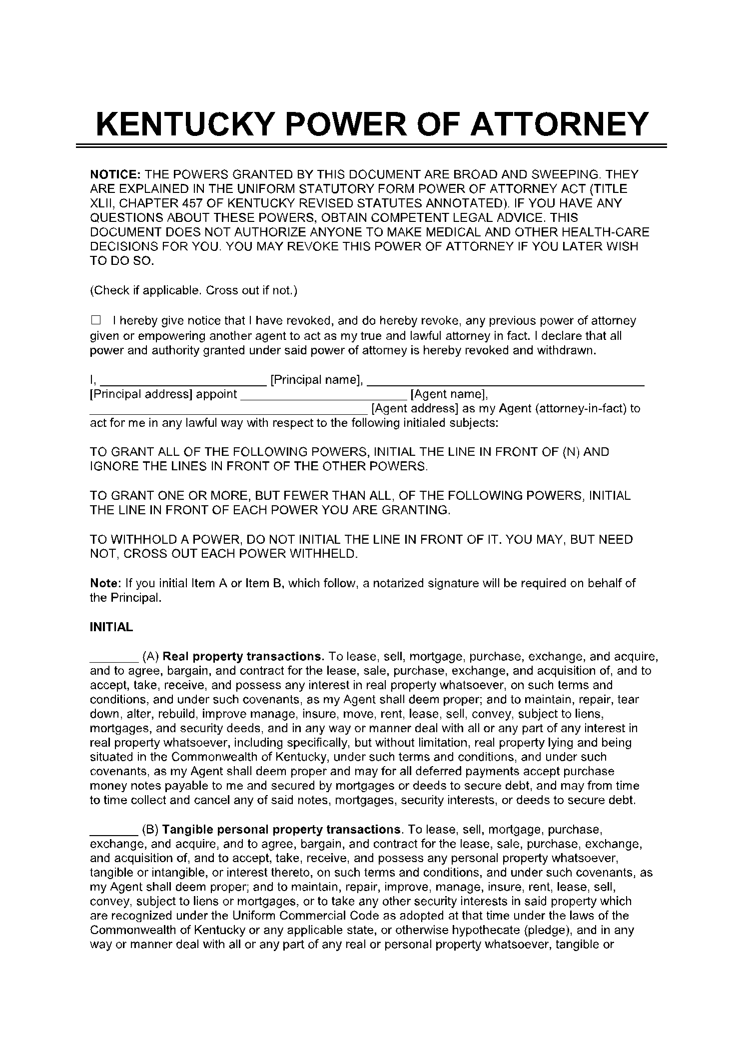 free printable durable power of attorney form kentucky