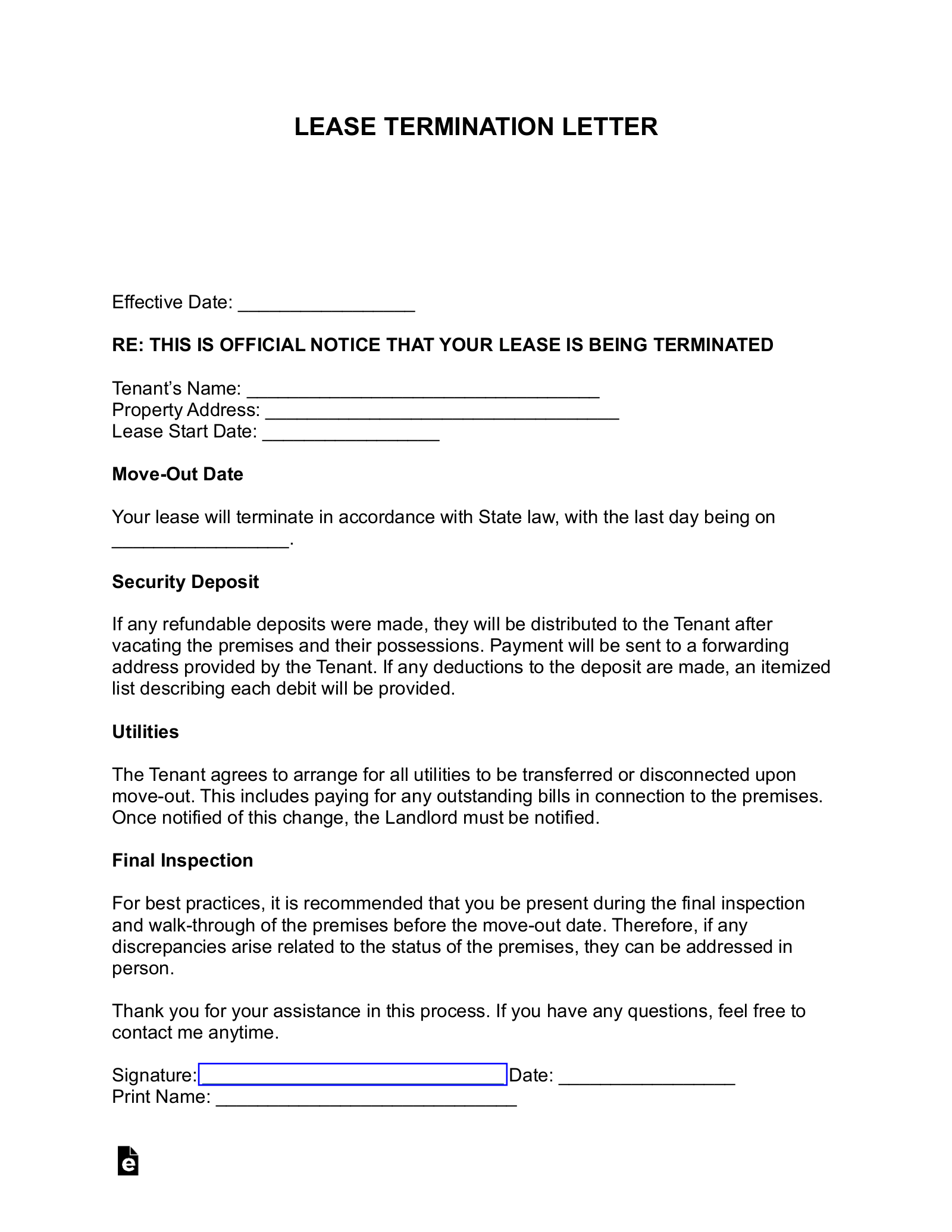 Free Lease Termination Letter Month to Month Tenancy 30 Day Notice PDF Word EForms