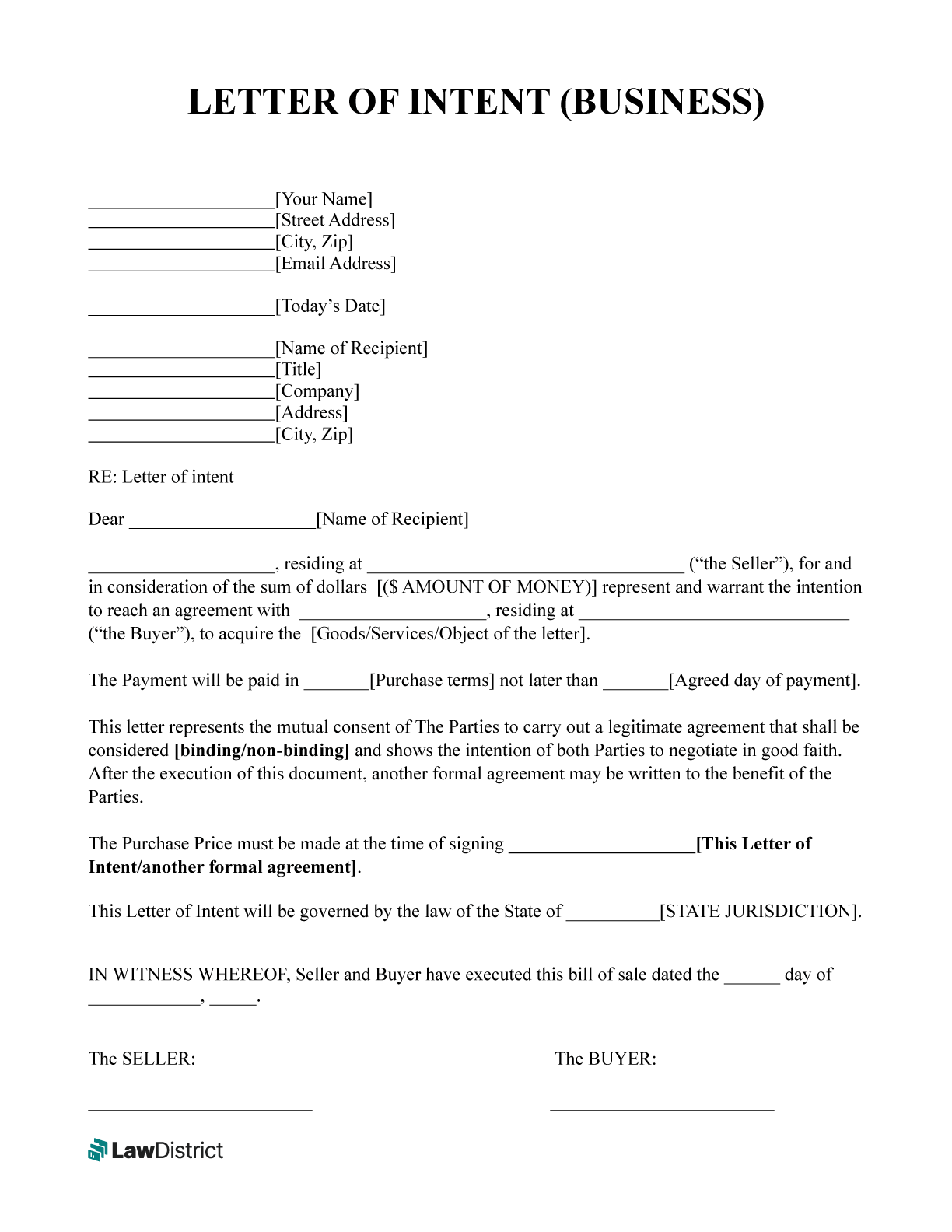 Free Letter Of Intent Template Business Sample Template LawDistrict