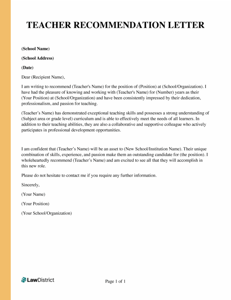 Free Letter Of Recommendation For Teacher LawDistrict