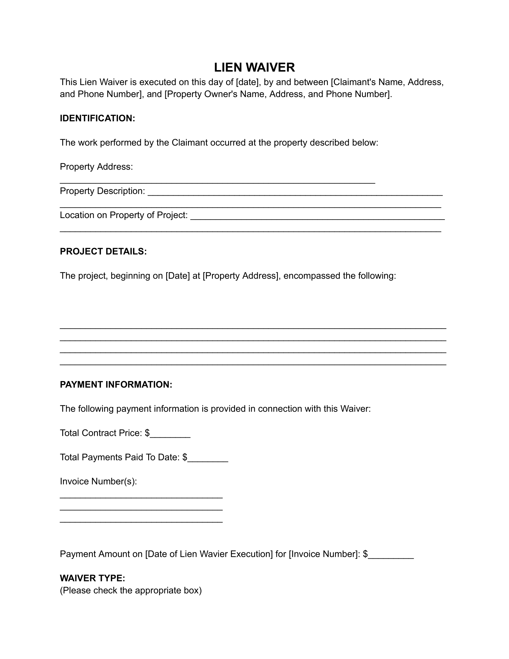 Free Lien Waiver Form PDF Word