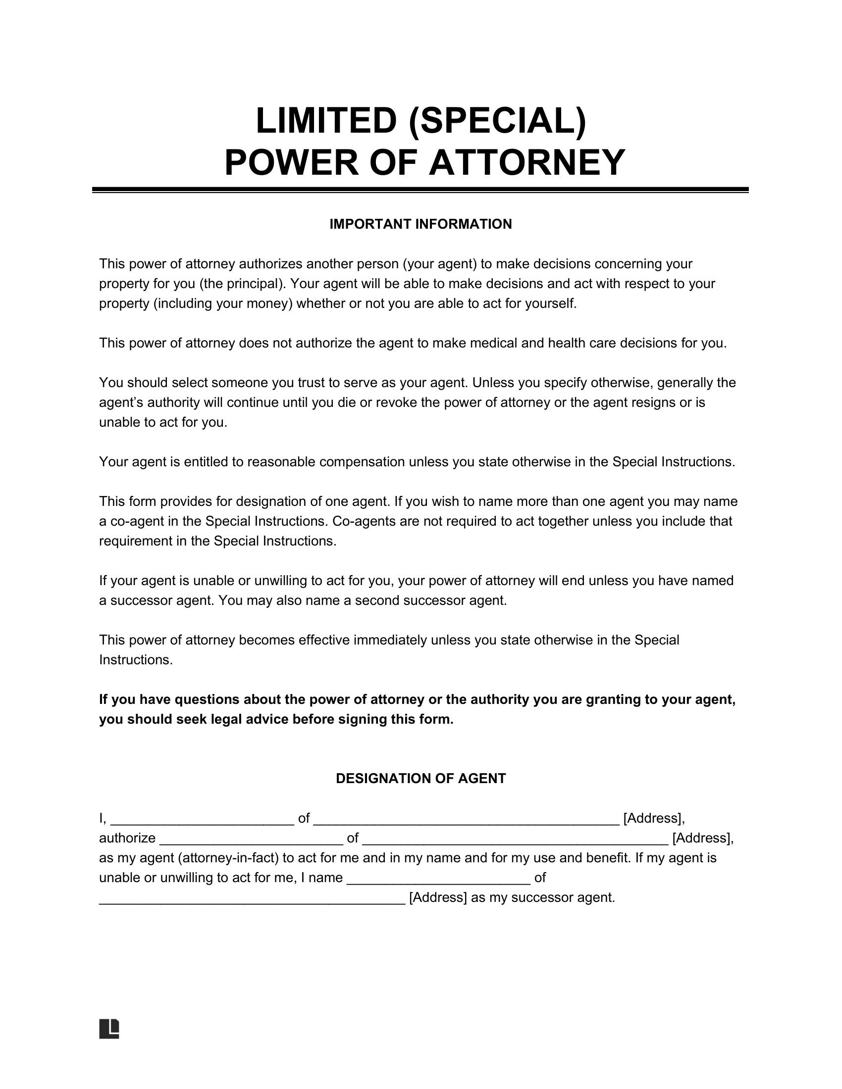 Free Limited Special Power Of Attorney Form PDF Word