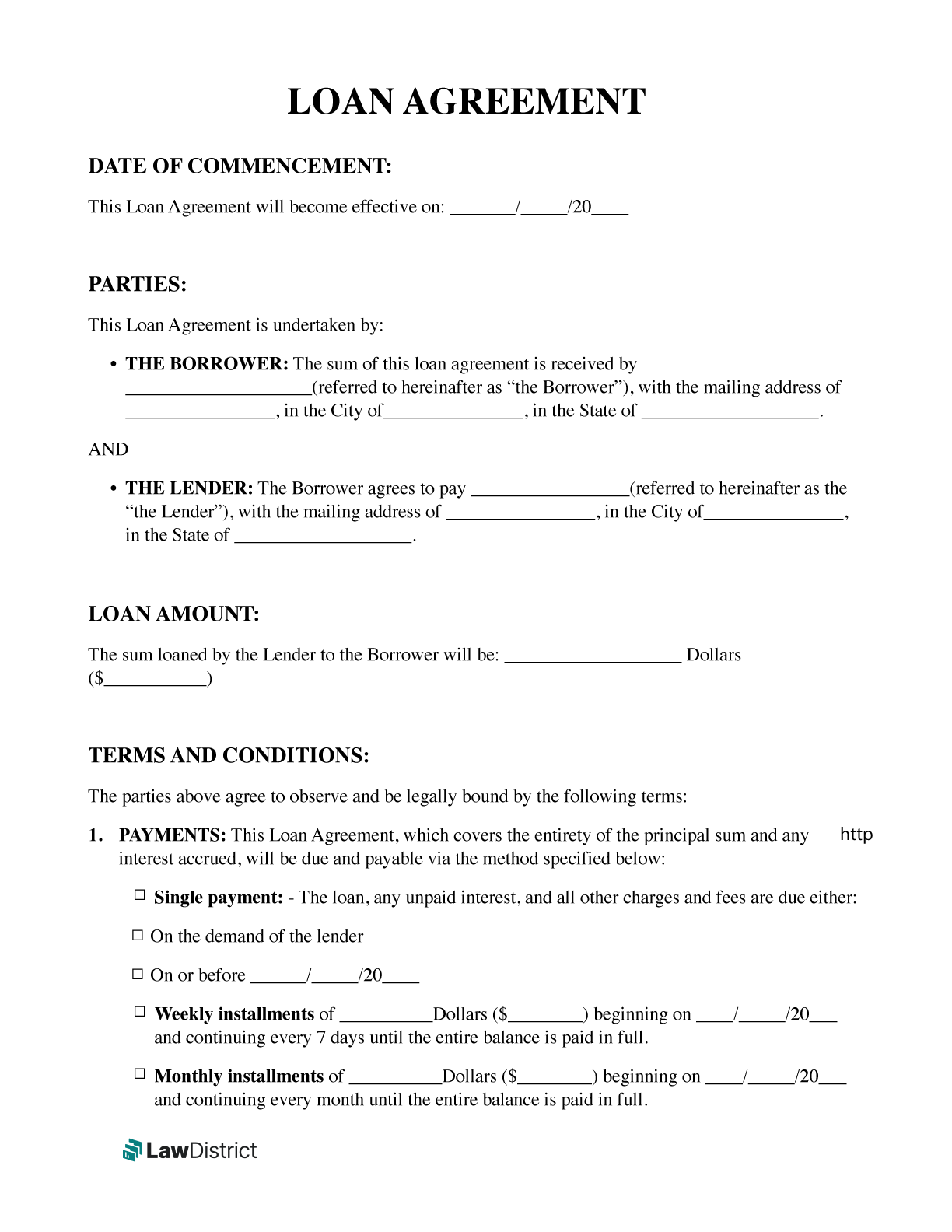 Free Loan Agreement Template Loan Contract LawDistrict