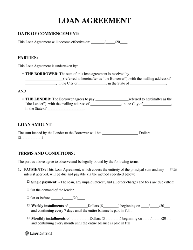 Free Loan Agreement Template Loan Contract LawDistrict