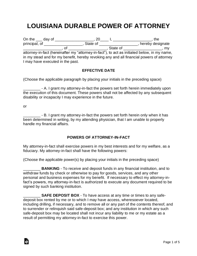 Free Louisiana Durable Financial Power Of Attorney Form PDF Word EForms