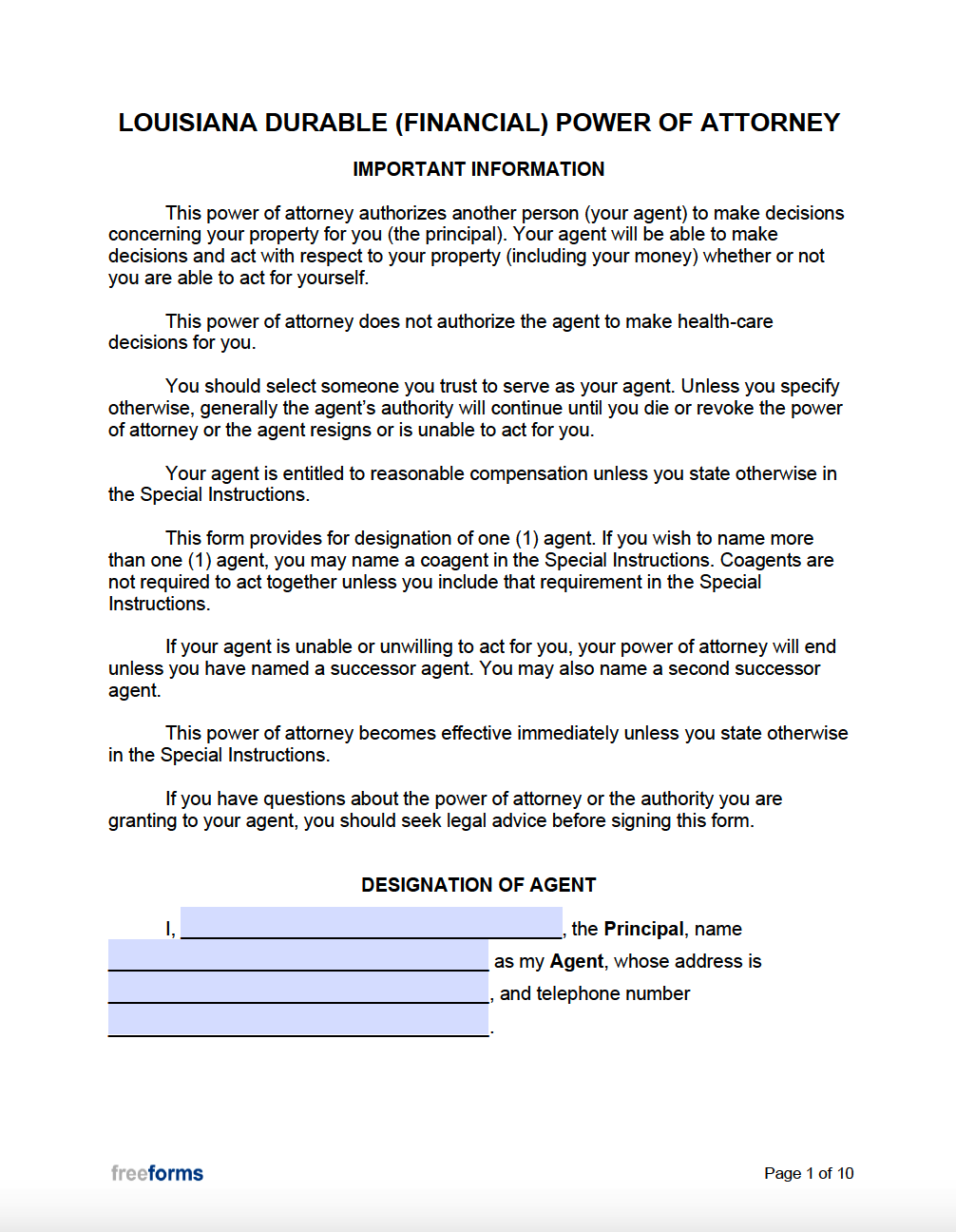 Free Louisiana Power Of Attorney Forms PDF Word