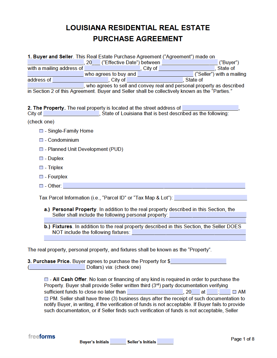 Free Louisiana Real Estate Purchase Agreement Template PDF Word