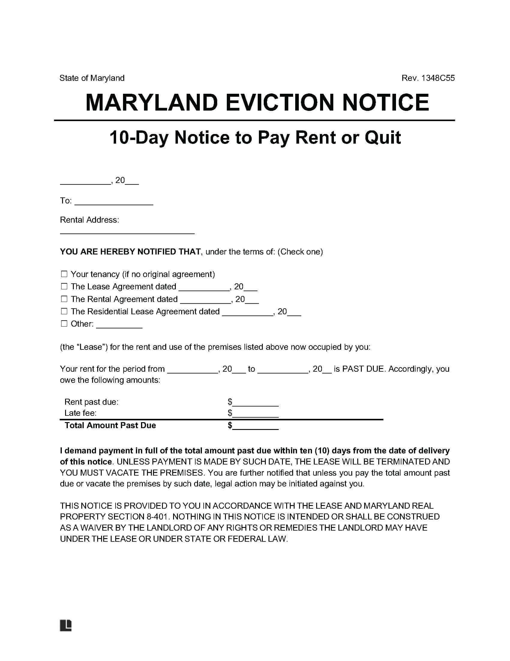 Free Maryland Eviction Notice Forms 10 30 60 Day Eviction Notice Templates