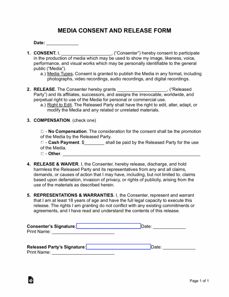 Free Media Liability Release Form PDF Word EForms