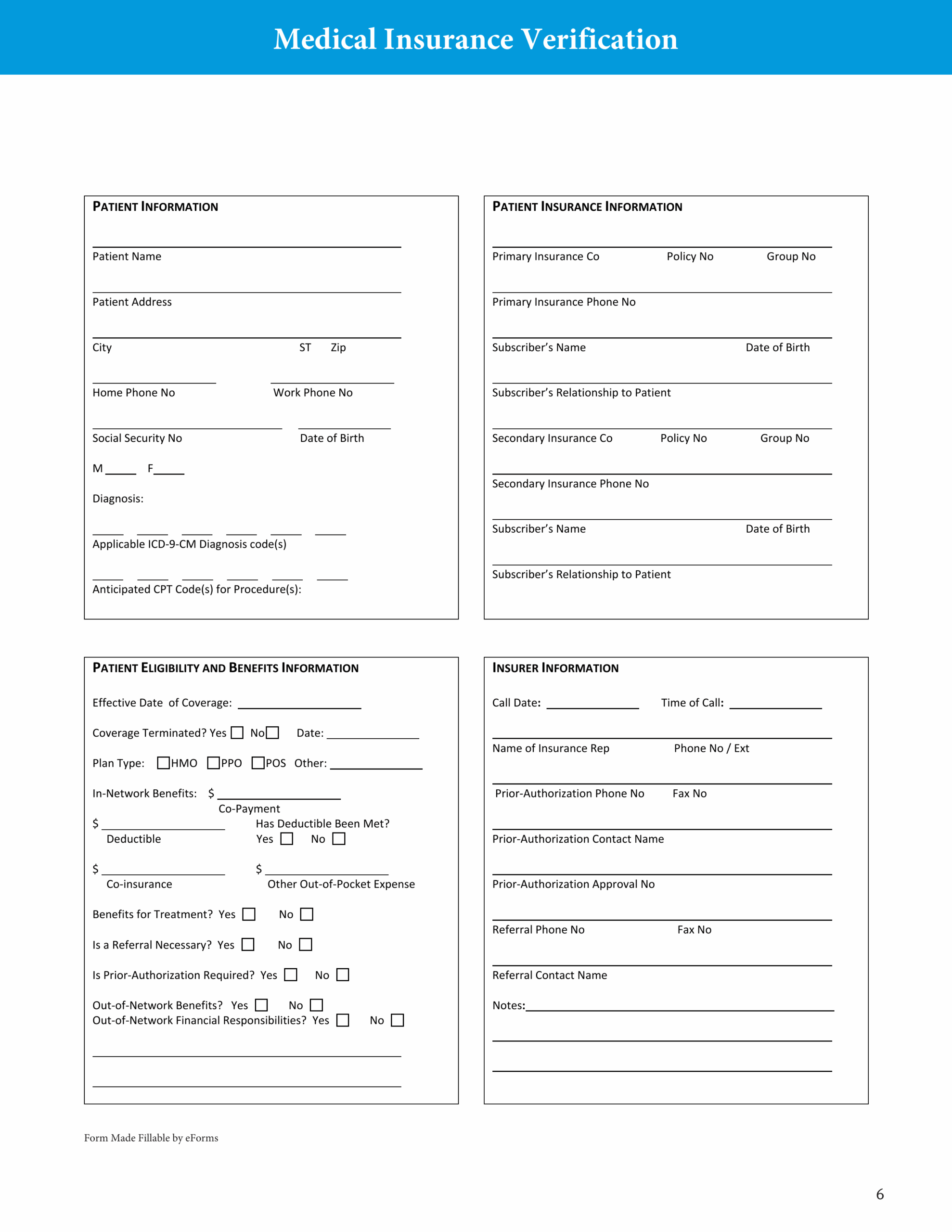 Free Medical Health Insurance Verification Form PDF EForms