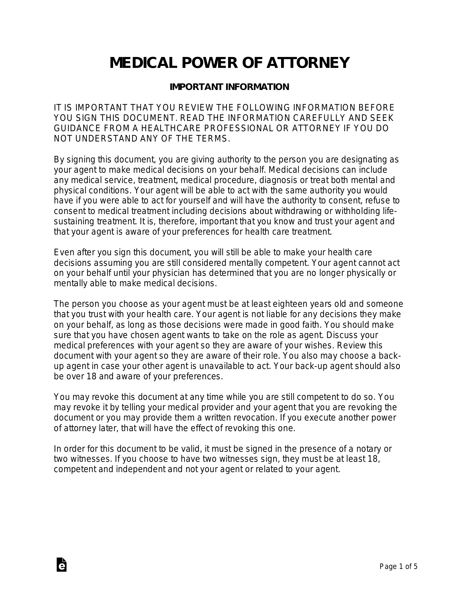 free blank printable medical power of attorney forms