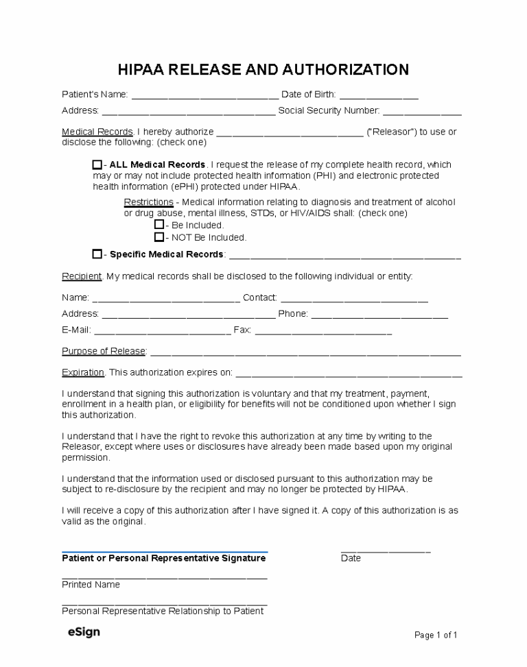 Free Medical Records Release Form HIPAA PDF Word