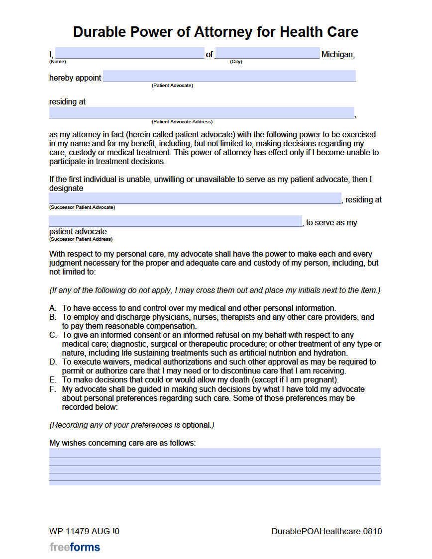 free printable durable power of attorney for health care form