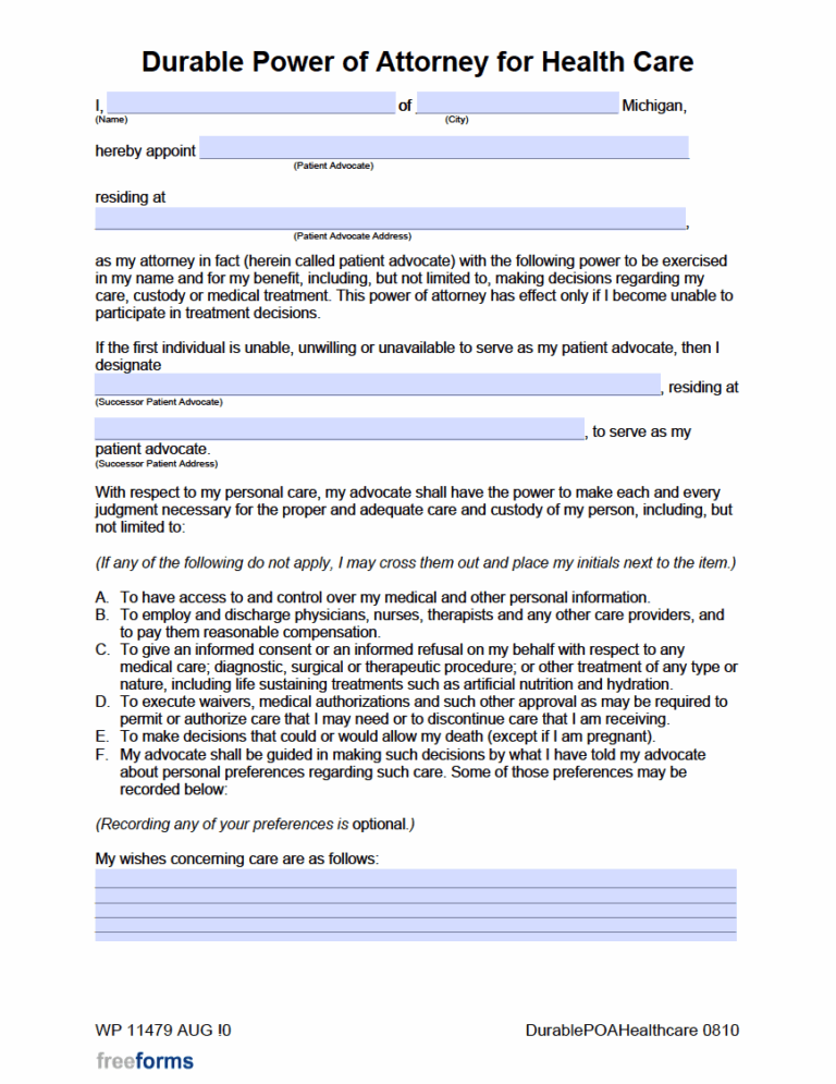 Free Michigan Medical Power Of Attorney Form PDF
