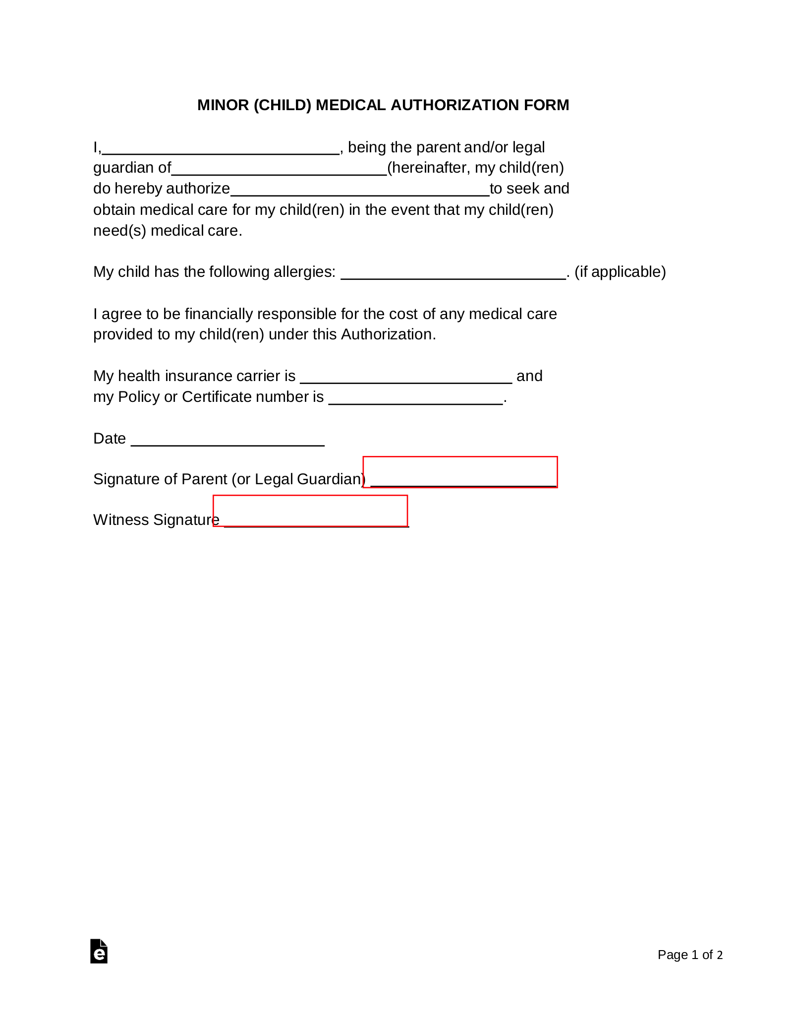Free Minor Child Medical Treatment Authorization Form PDF Word EForms