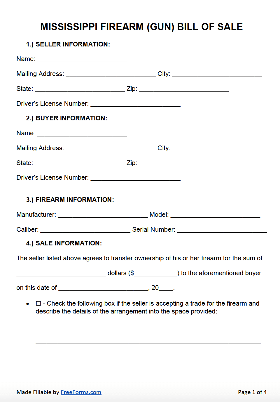 Free Mississippi Firearm Gun Bill Of Sale Form PDF Word