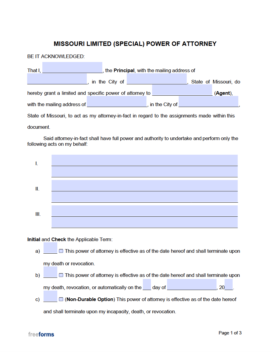 Free Missouri Limited Special Power Of Attorney Form PDF Word Free Missouri Limited Special Power Of Attorney Form PDF Word