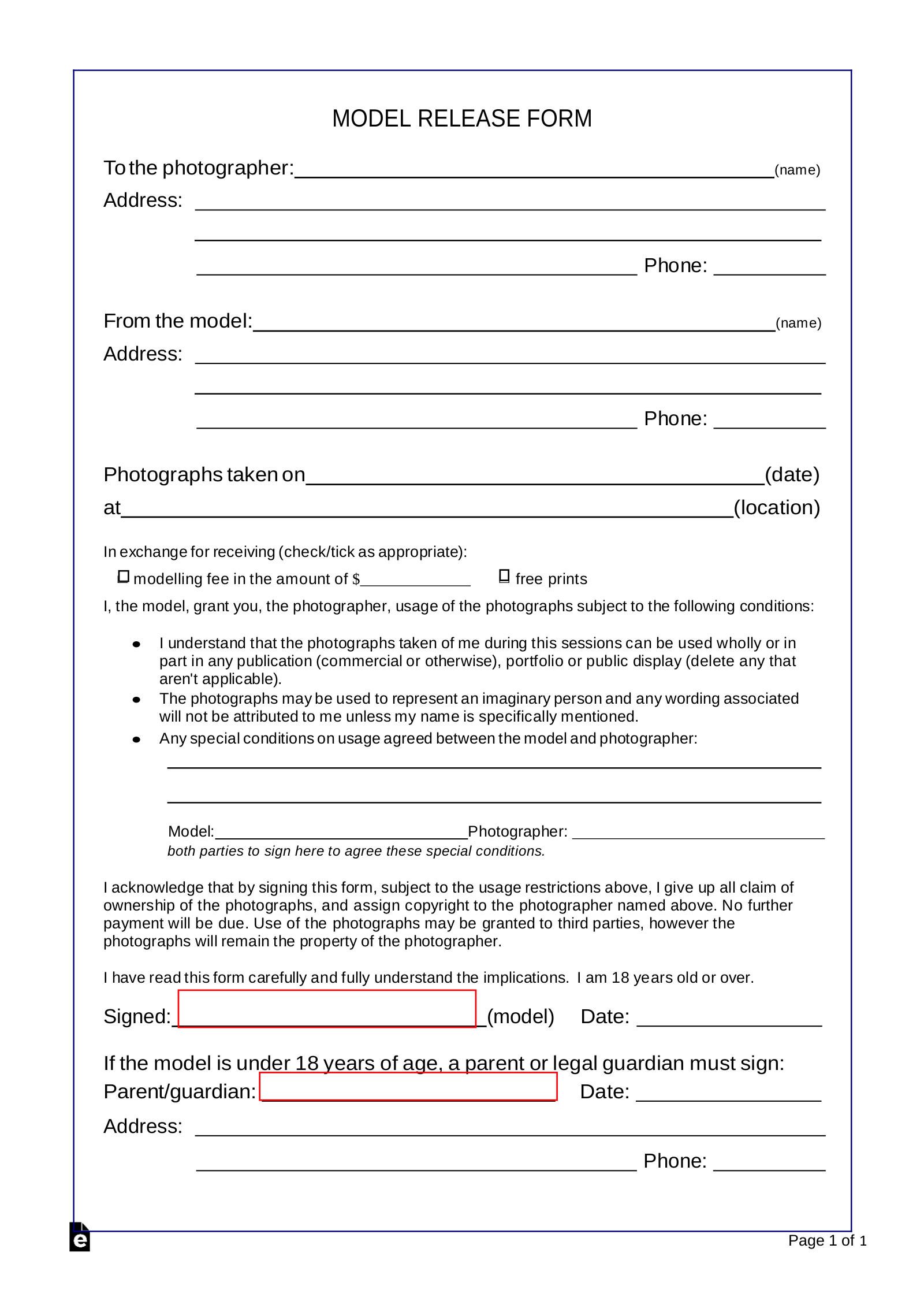 Free Model Photo Copyright Release Form PDF EForms Free Model Photo Copyright Release Form PDF EForms