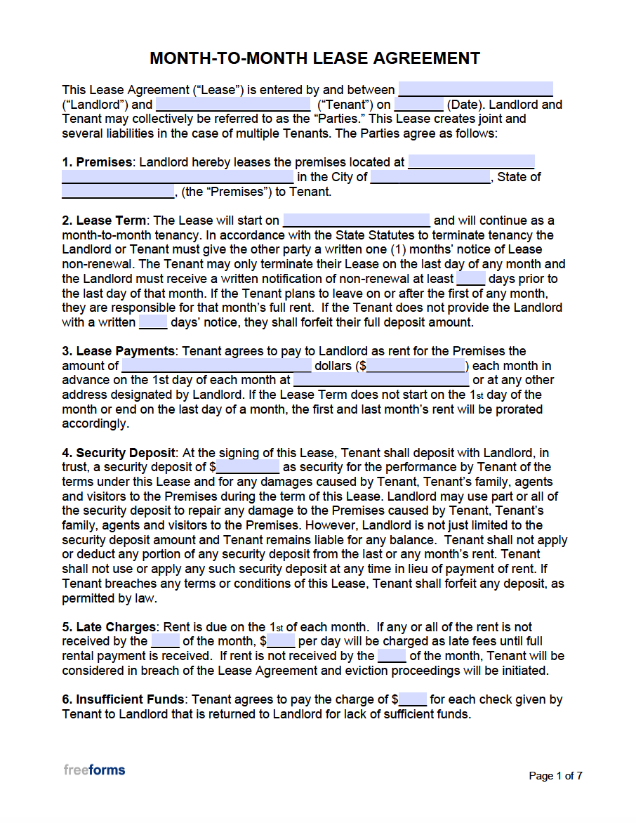 Free Month to Month Lease Agreement Templates PDF Word