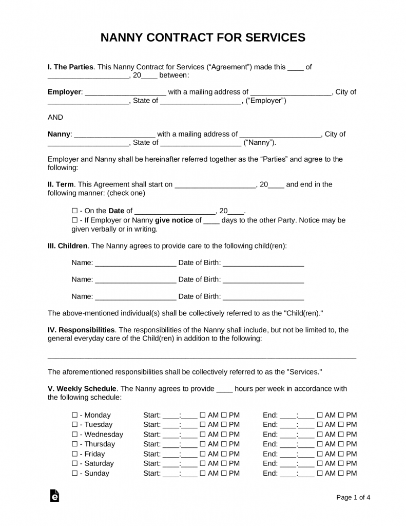 Free Nanny Contract Template Samples PDF Word EForms
