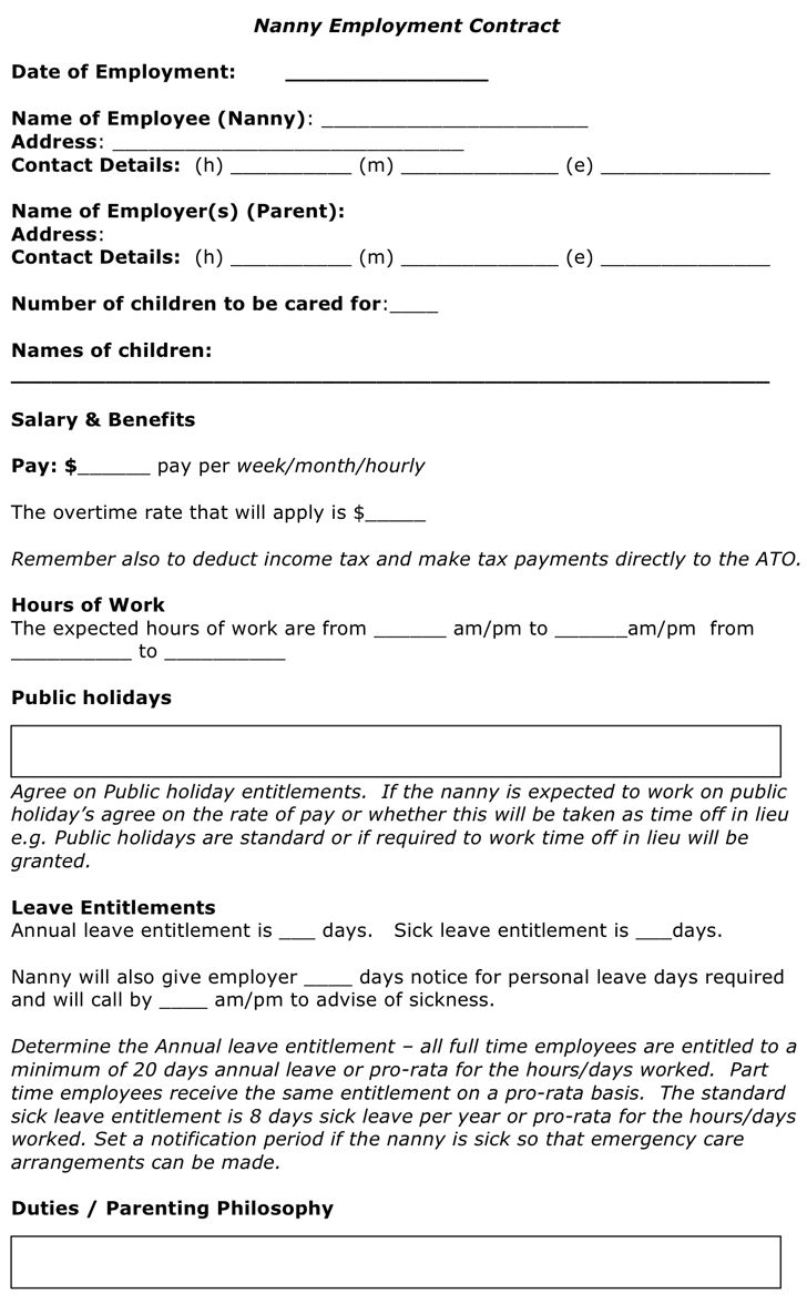 Free Nanny Employment Contract Doc 42KB 4 Page s 