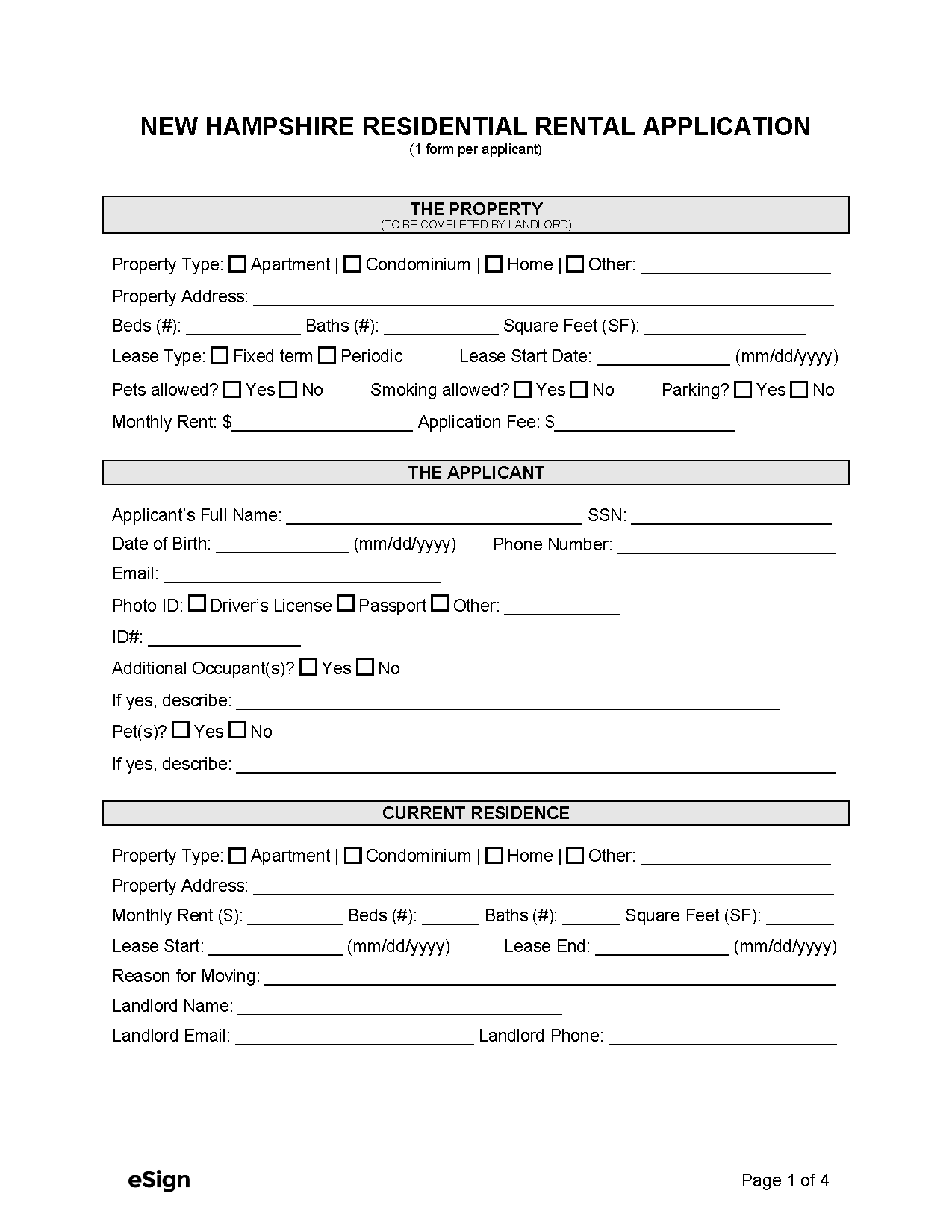 Free New Hampshire Rental Application Form PDF Word