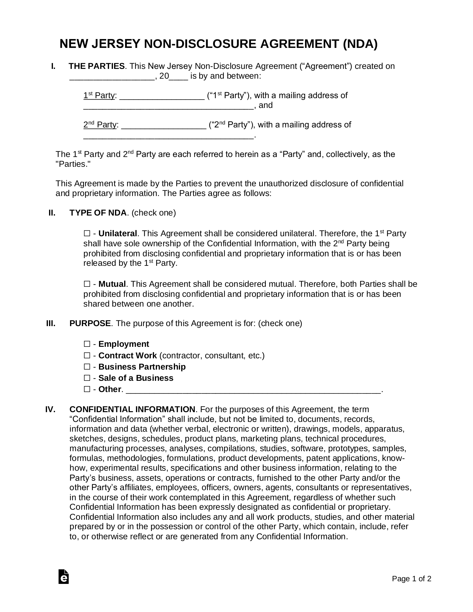 Free New Jersey Non Disclosure Agreement NDA Template PDF Word EForms
