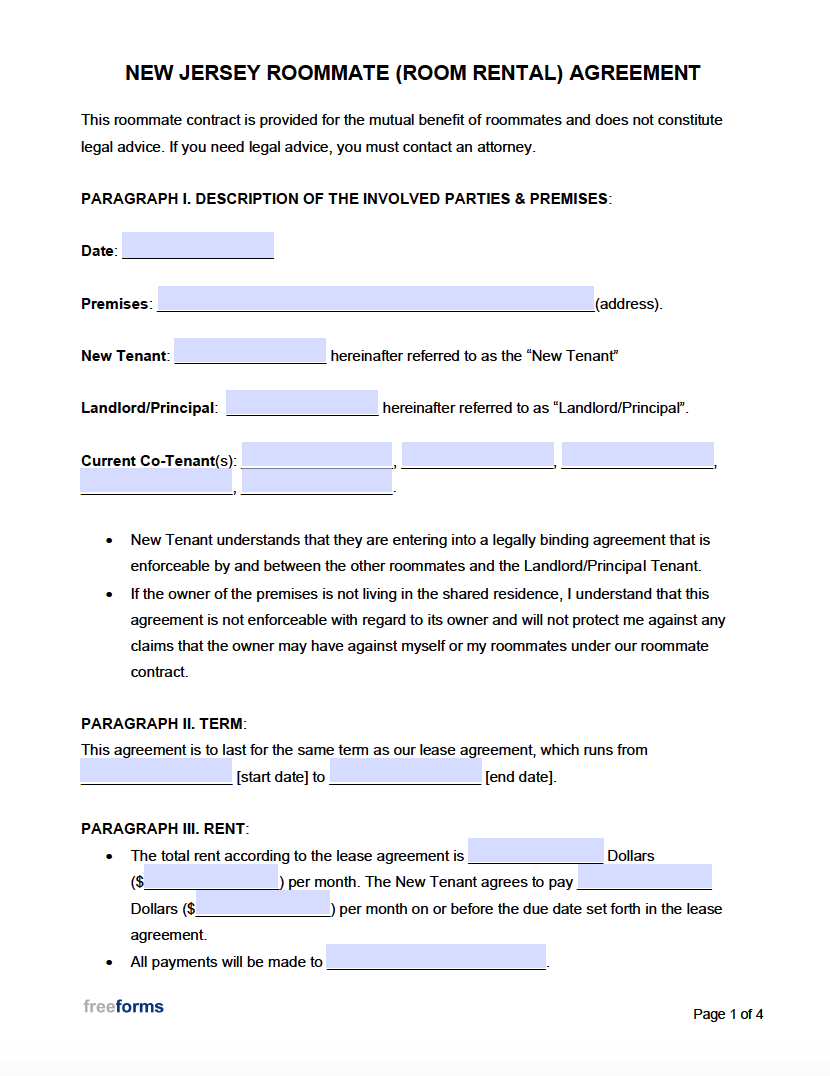 Free New Jersey Roommate Room Rental Agreement Template PDF Word
