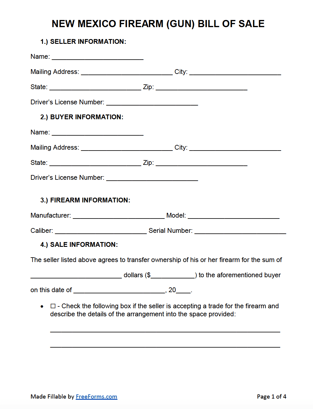 Free New Mexico Firearm Gun Bill Of Sale Form PDF Word