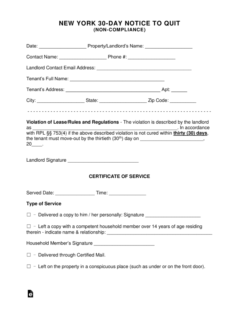 Free New York 30 Day Notice To Quit Form Non Compliance PDF Word EForms