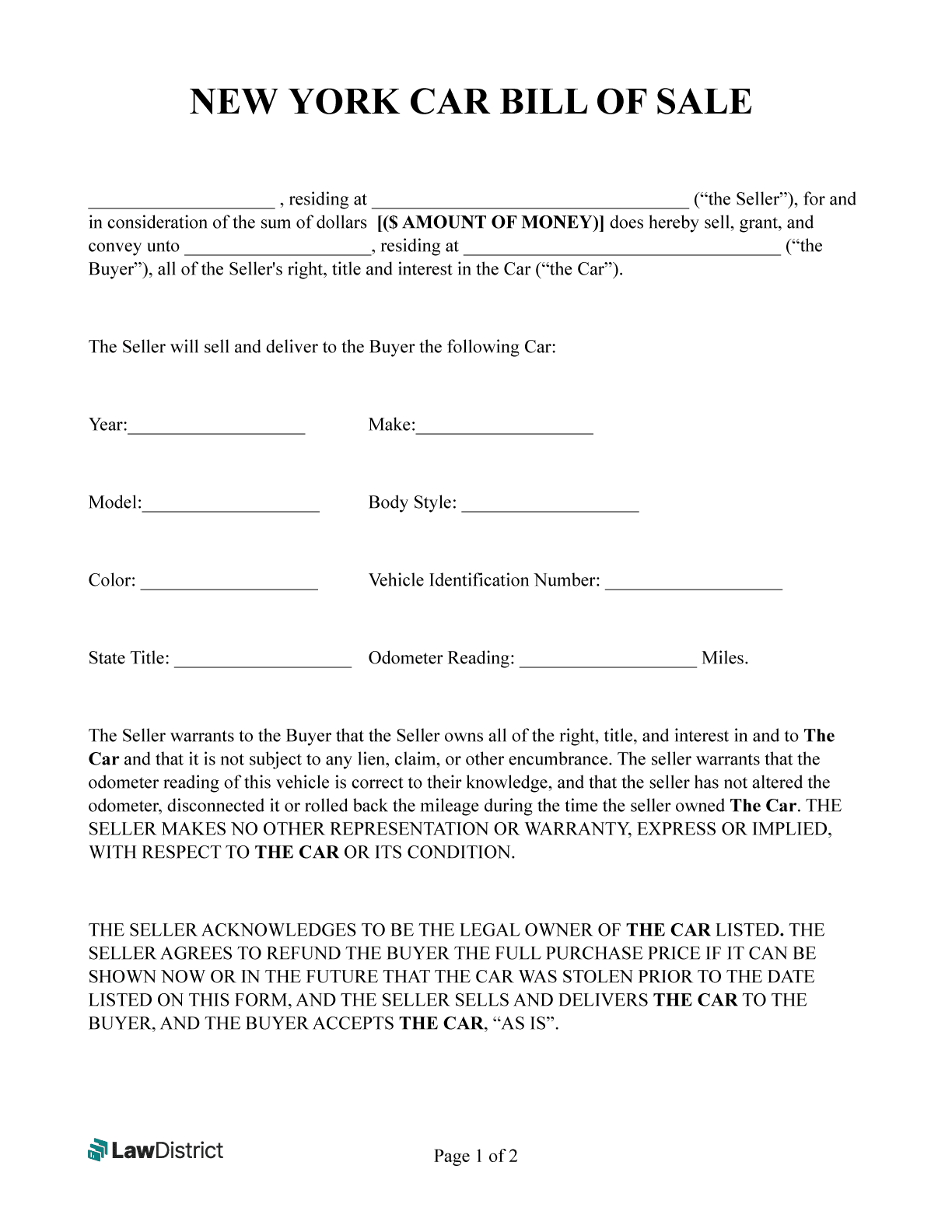 Free New York Bill Of Sale DMV Gun Forms LawDistrict