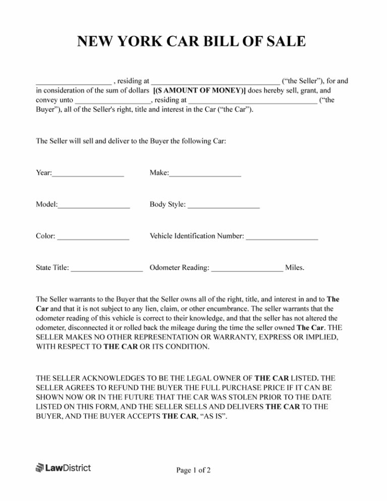 Free New York Bill Of Sale DMV Gun Forms LawDistrict