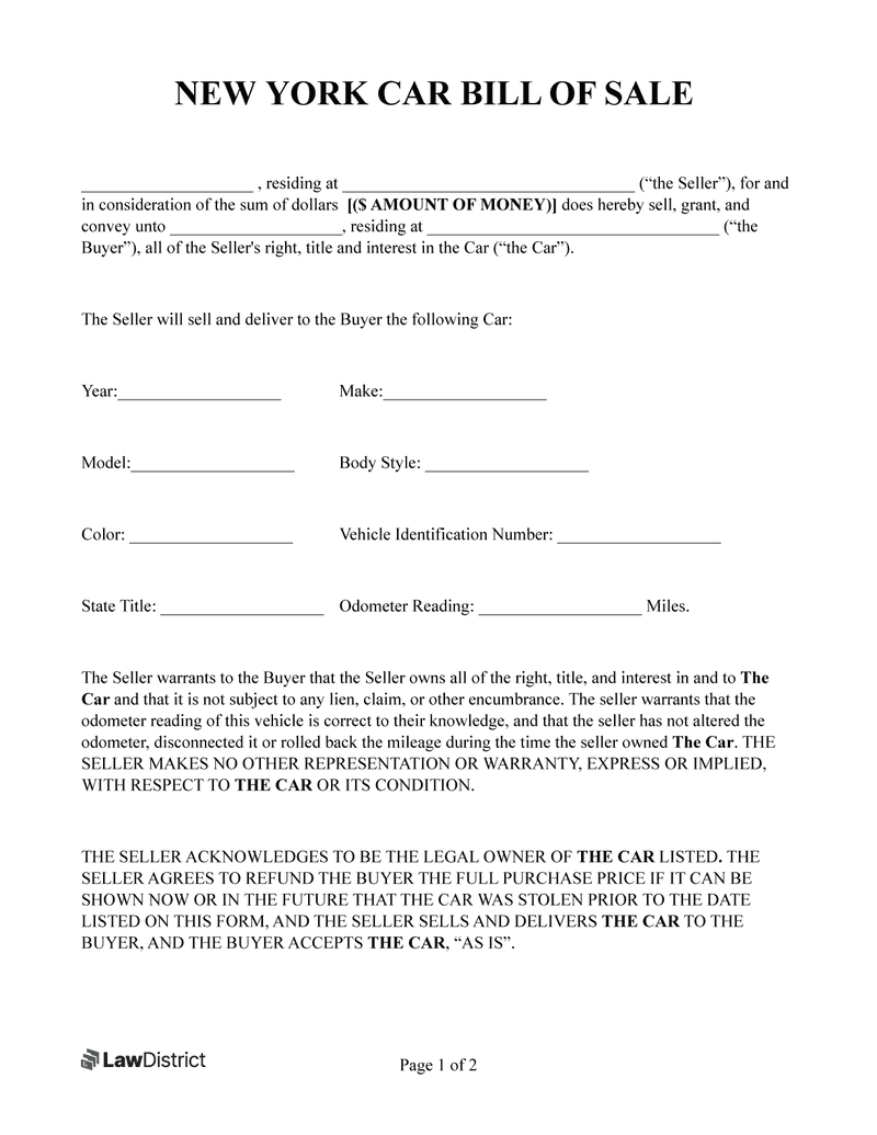 Free New York Bill Of Sale DMV Gun Forms LawDistrict Free New York Bill Of Sale DMV Gun Forms LawDistrict